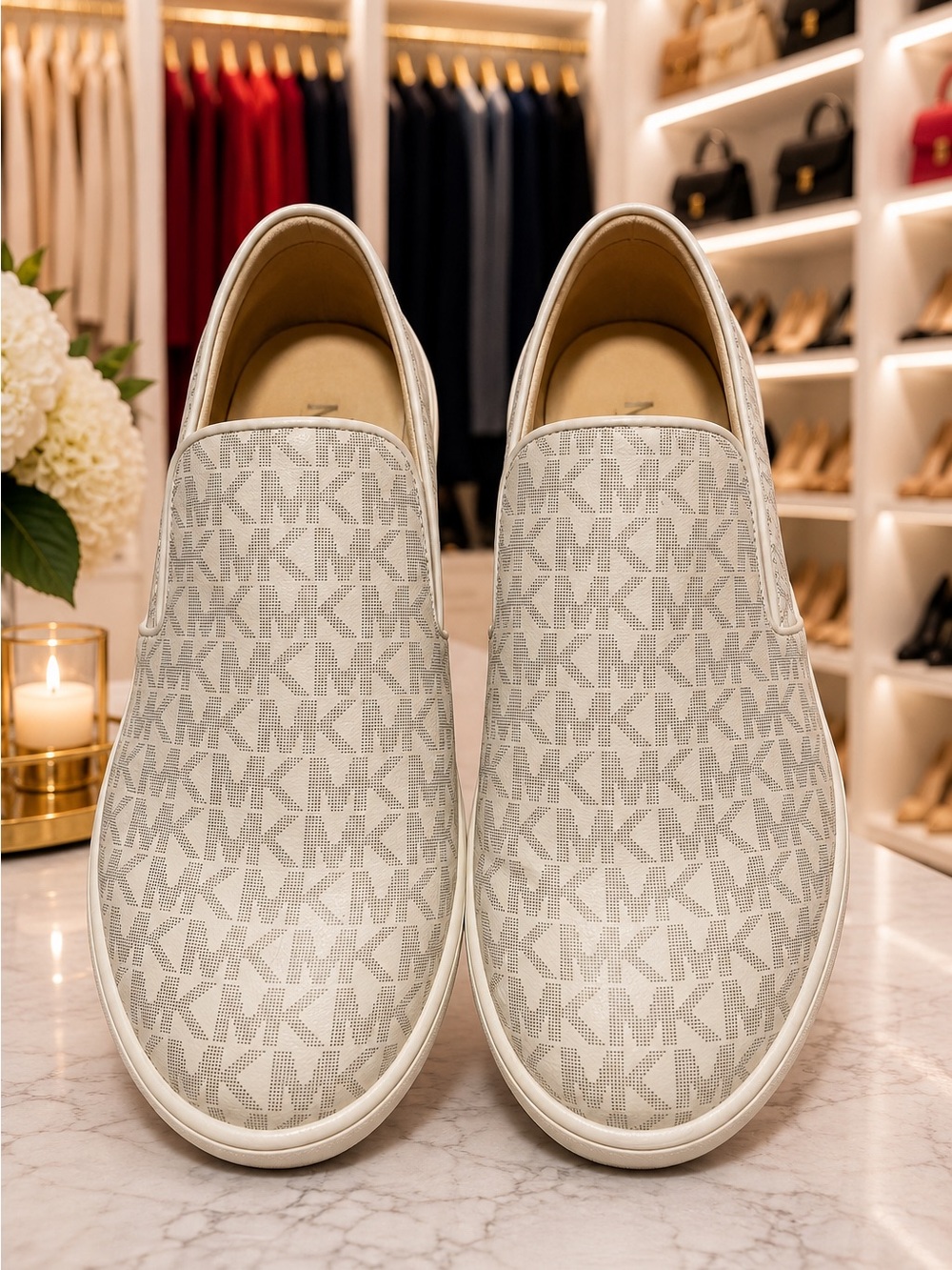 Michael Kors Men's Slip-On Loafers in Light Beige MK Logo